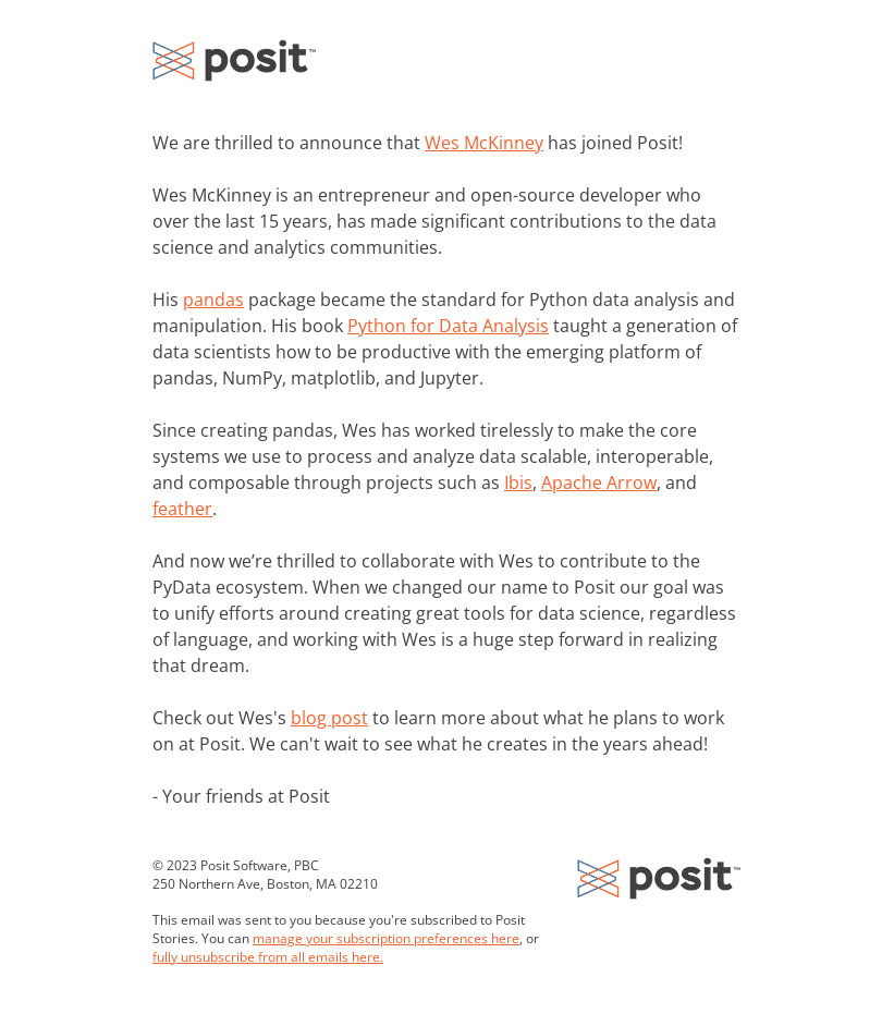 Wes McKinney has joined Posit