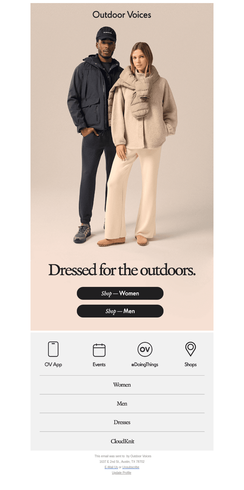 Outfitted for the outside.