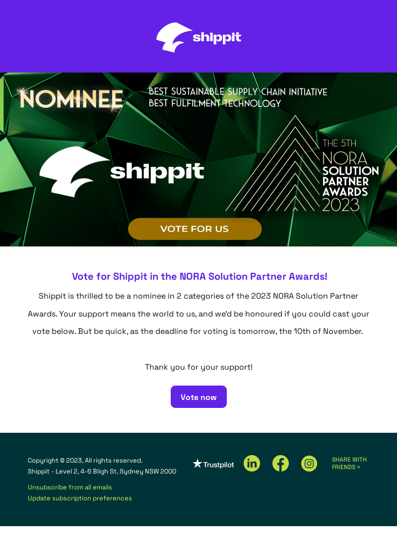 Shippit email from Thu, Nov 9, 2023