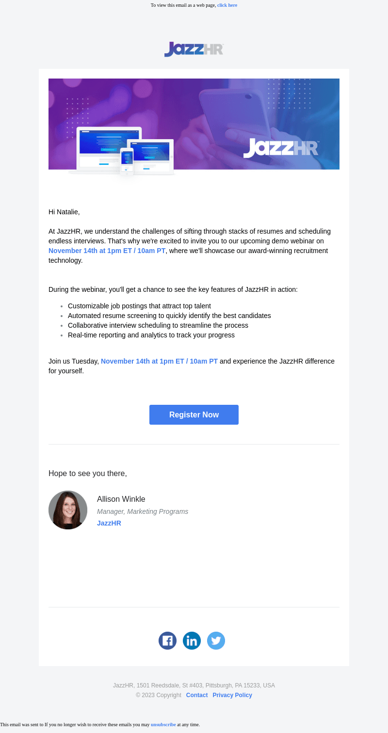 JazzHR email from Thu, Nov 9, 2023