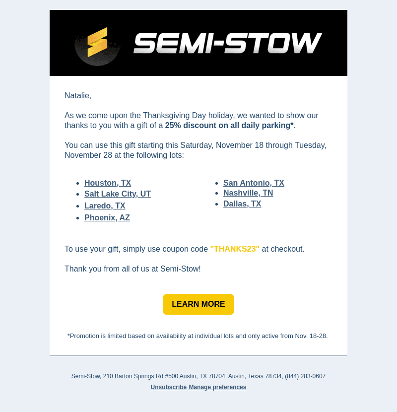 Semi-Stow email from Fri, Nov 17, 2023