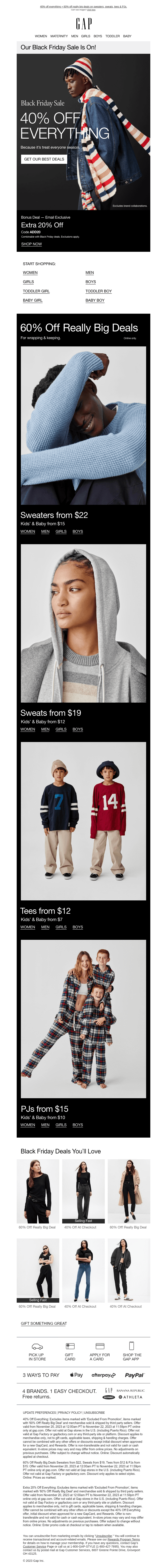 40% OFF EVERYTHING >> $22 sweaters & $15 PJs >> Waiting for you