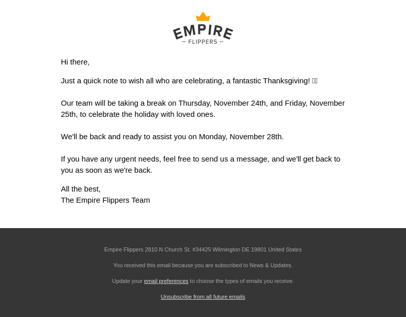 Empire Flippers email from Wed, Nov 22, 2023