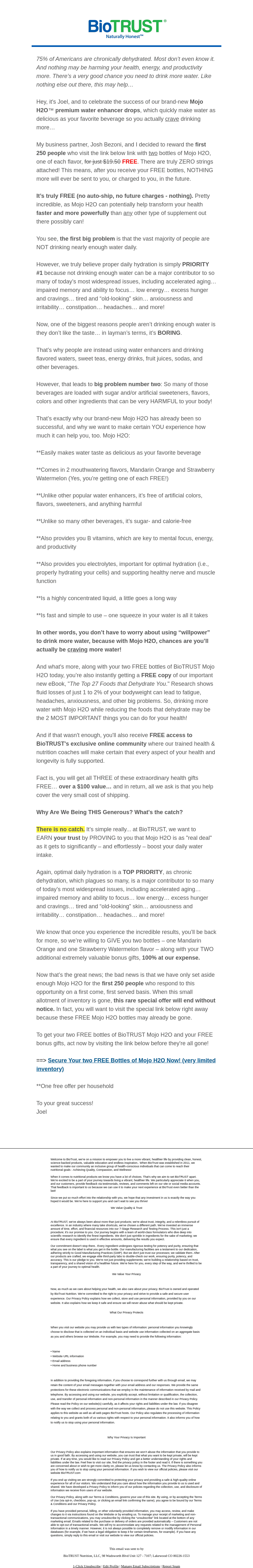 Re: Your FREE Mojo H2O Order (info needed to ship)