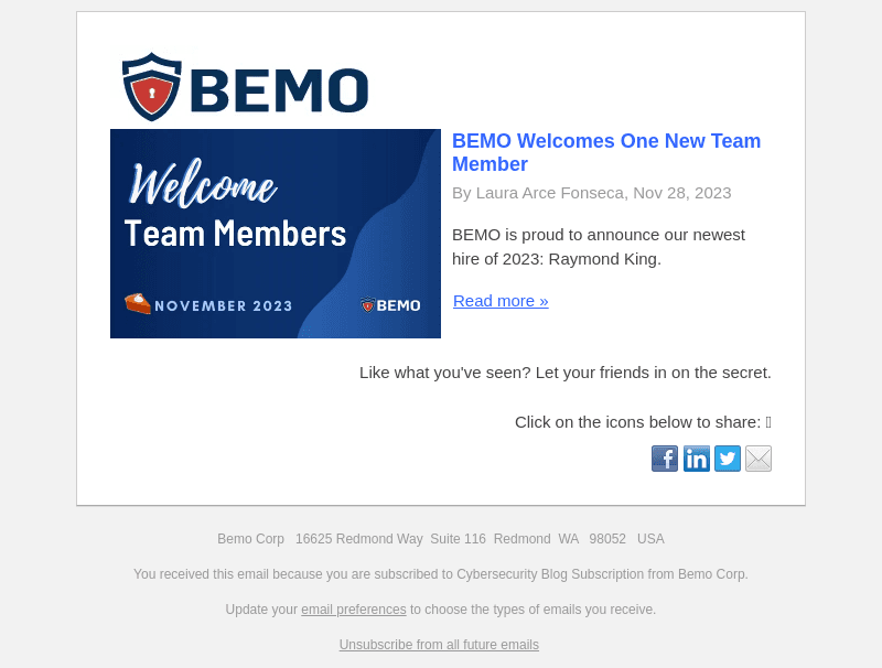 BEMO Welcomes One New Team Member