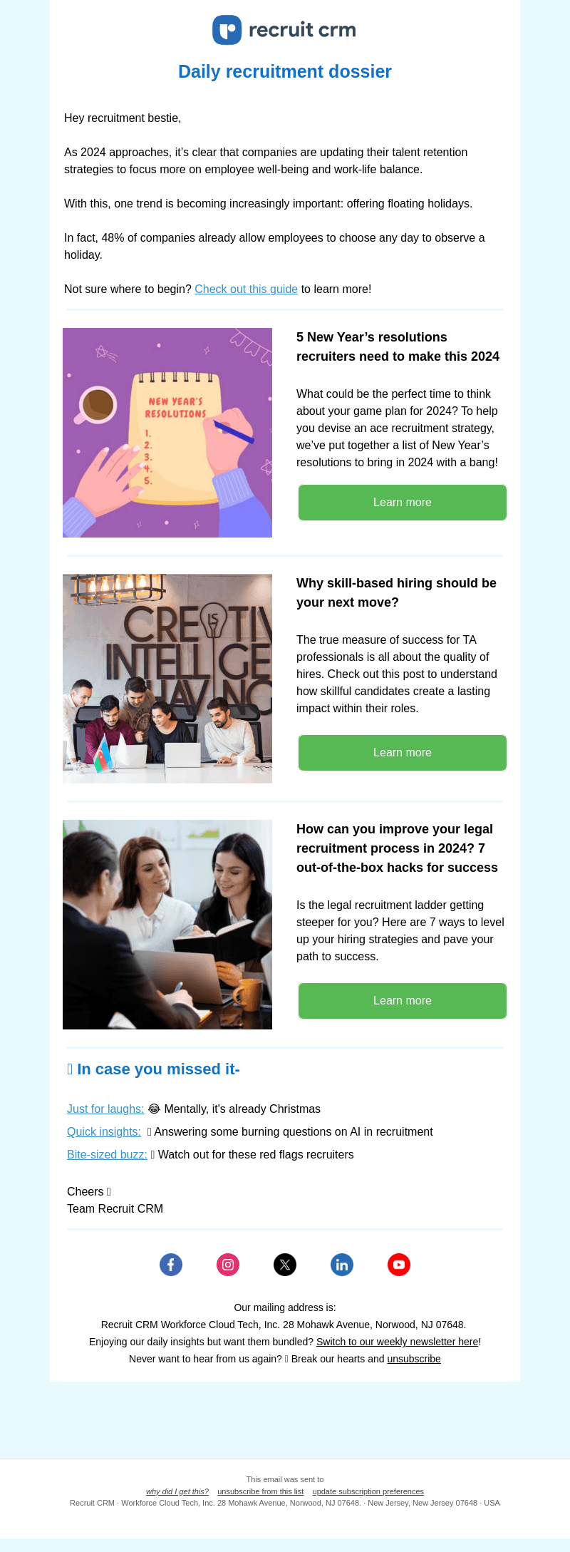 Recruit CRM email from Mon, Dec 11, 2023