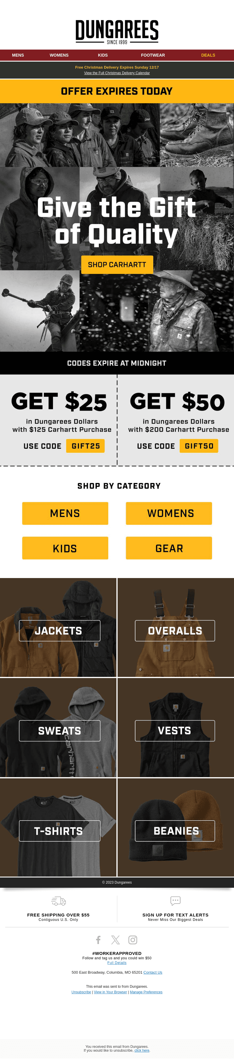 Carhartt Promo Code GIFT50 Expires Tonight