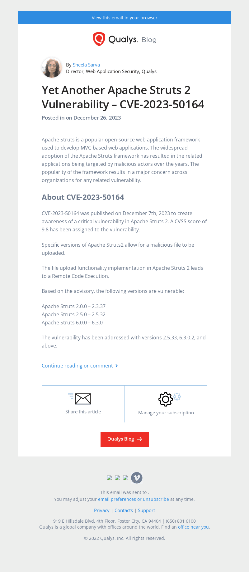 Read the latest post - Yet Another Apache Struts 2 Vulnerability – CVE-2023-50164