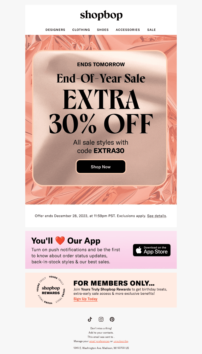 Ends tomorrow: extra 30% off SALE