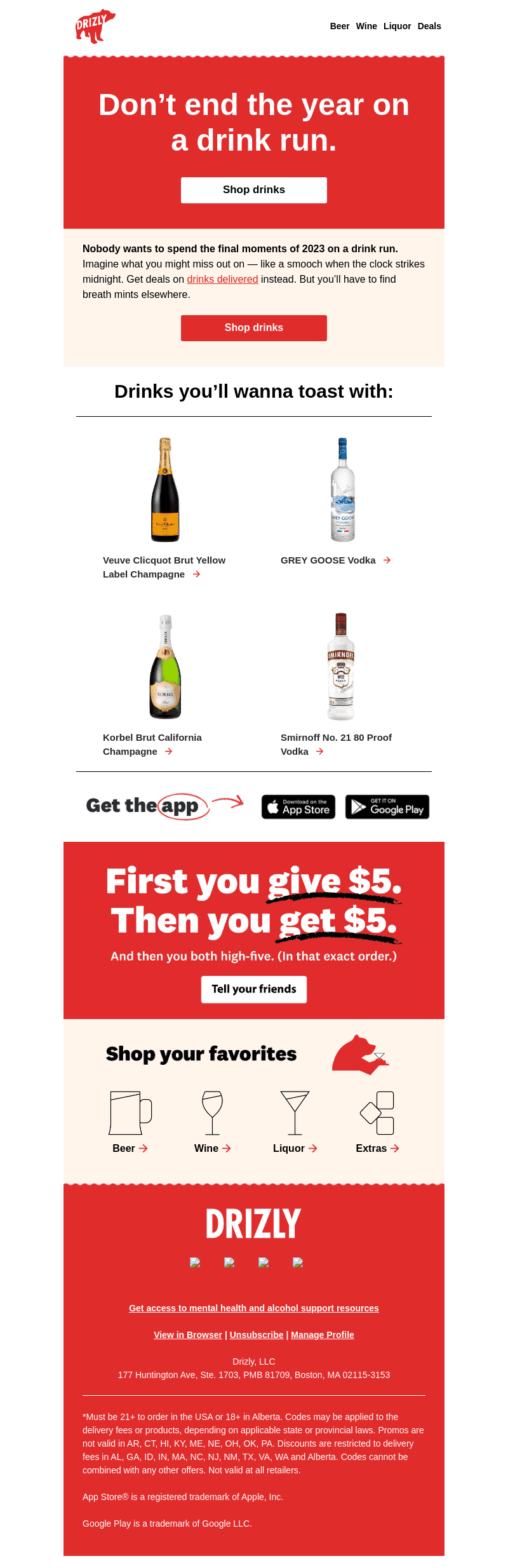 Drizly email from Sun, Dec 31, 2023
