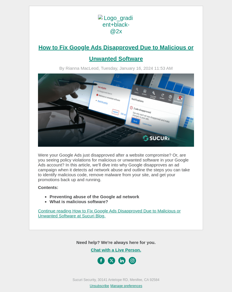 Sucuri email from Tue, Jan 16, 2024