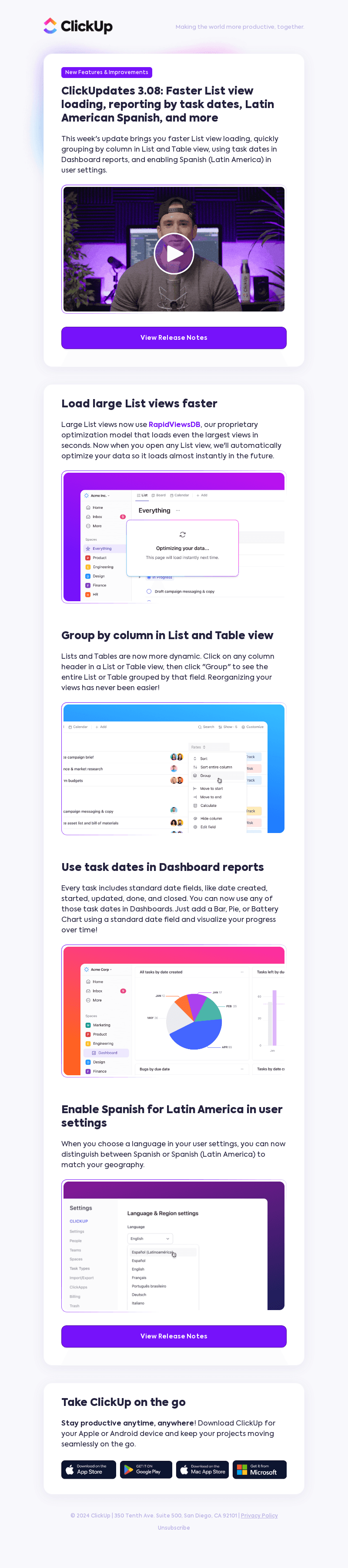 Faster List view loading, reporting by task dates, Latin American Spanish, and more!