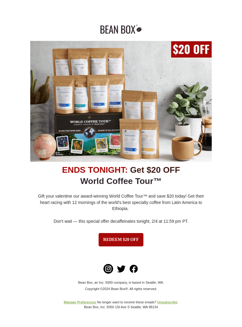 Ends Tonight: $20 OFF World Coffee Tour ❤️ 🌎
