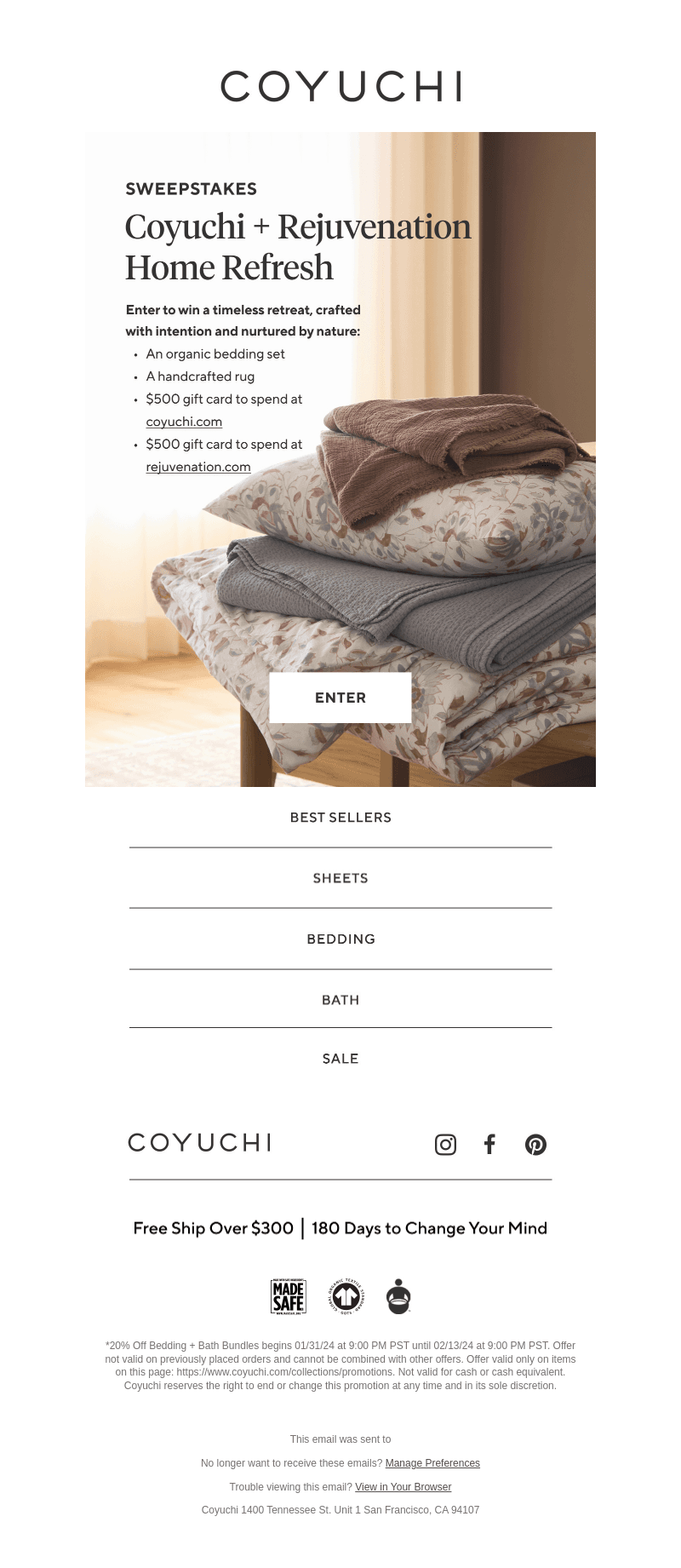 Home Refresh Sweepstakes: Coyuchi + Rejuvenation