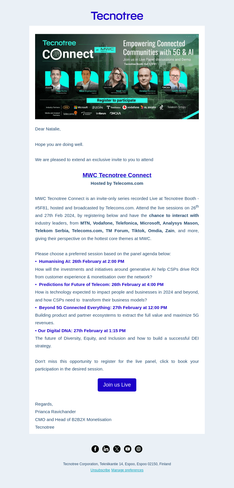 Tecnotree email from Thu, Feb 15, 2024
