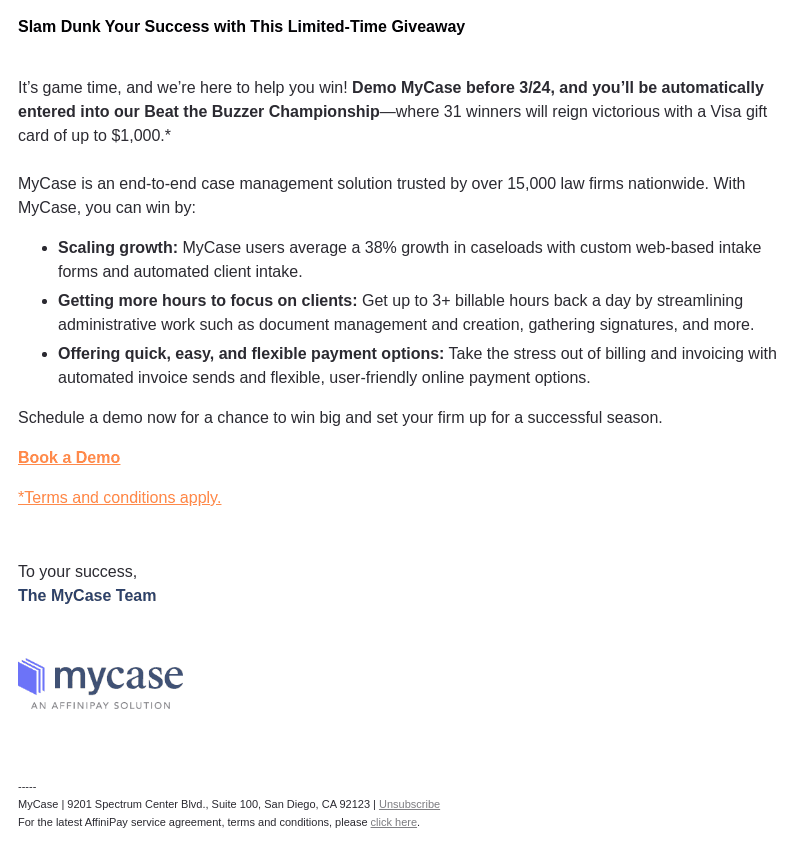 It’s game time—demo MyCase before 3/24 to score big!