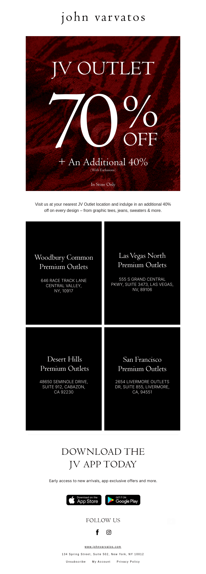 Take an additional 40% off at JV Outlets