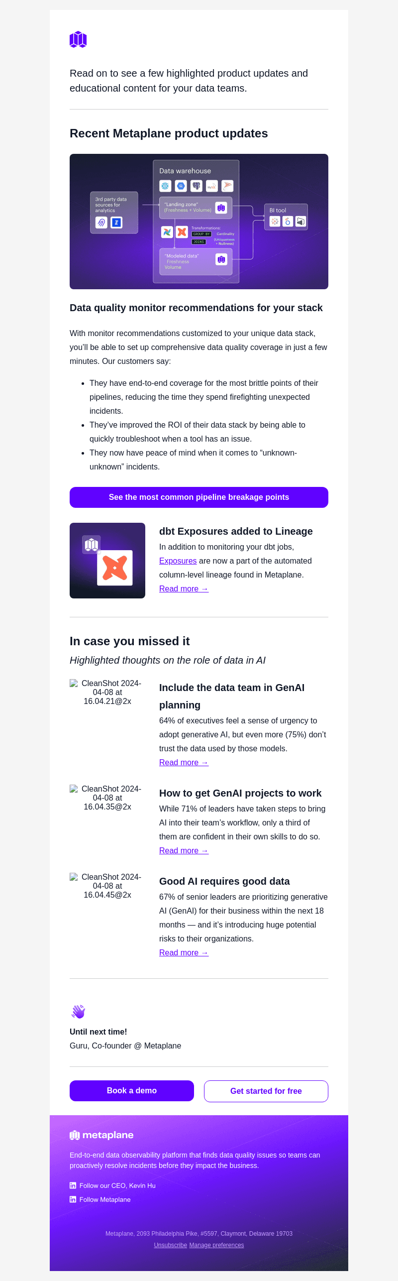 Metaplane email from Wed, Apr 10, 2024