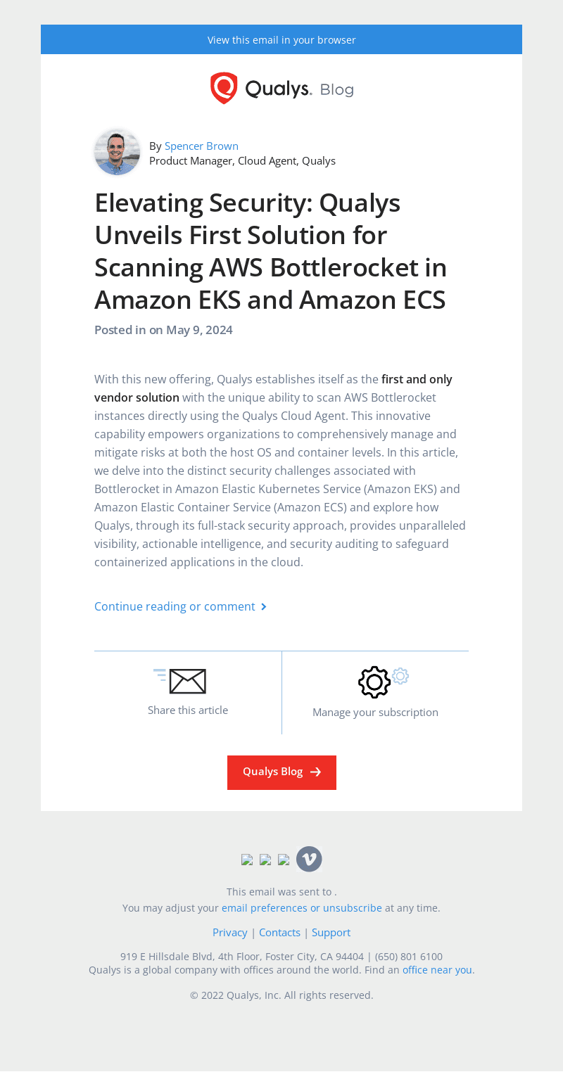 Read the latest post - Elevating Security: Qualys Unveils First Solution for Scanning AWS Bottlerocket in Amazon EKS and Amazon ECS