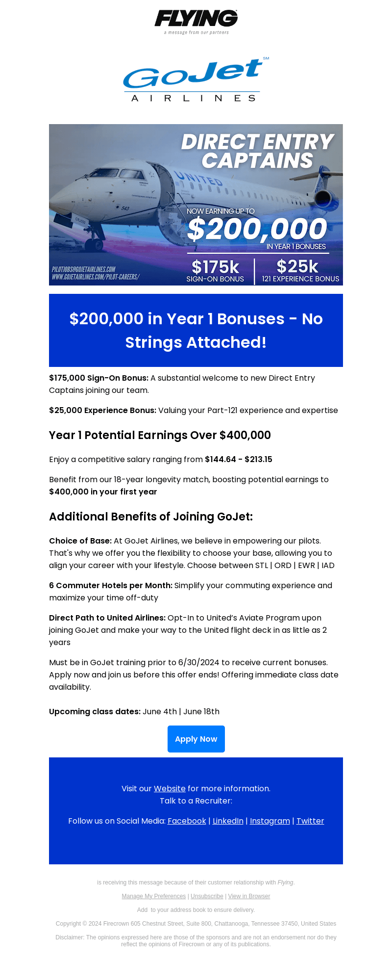 GoJet Airlines - Direct Entry Captain $200k Bonus No Strings Attached