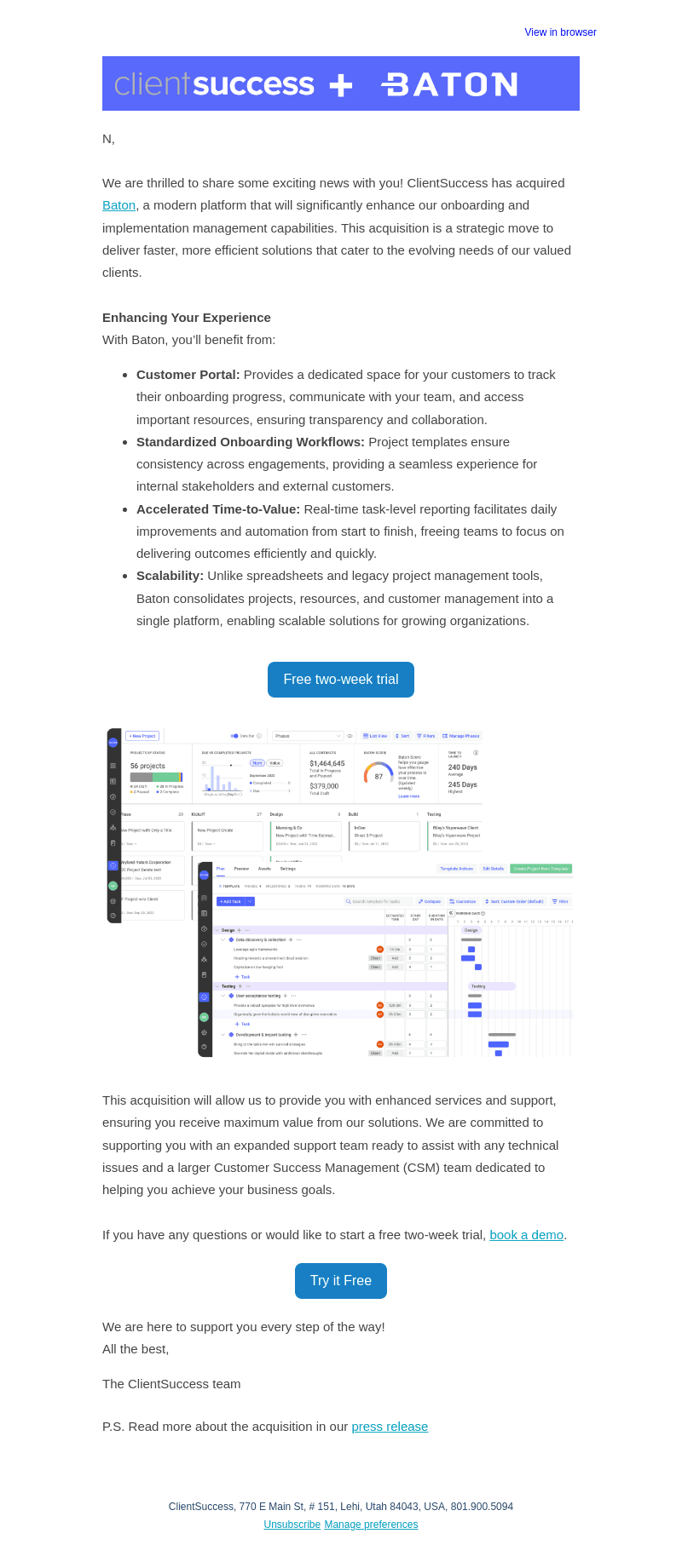 ClientSuccess Acquires Baton to Help Elevate Your Onboarding and Implementation Experience  🎉