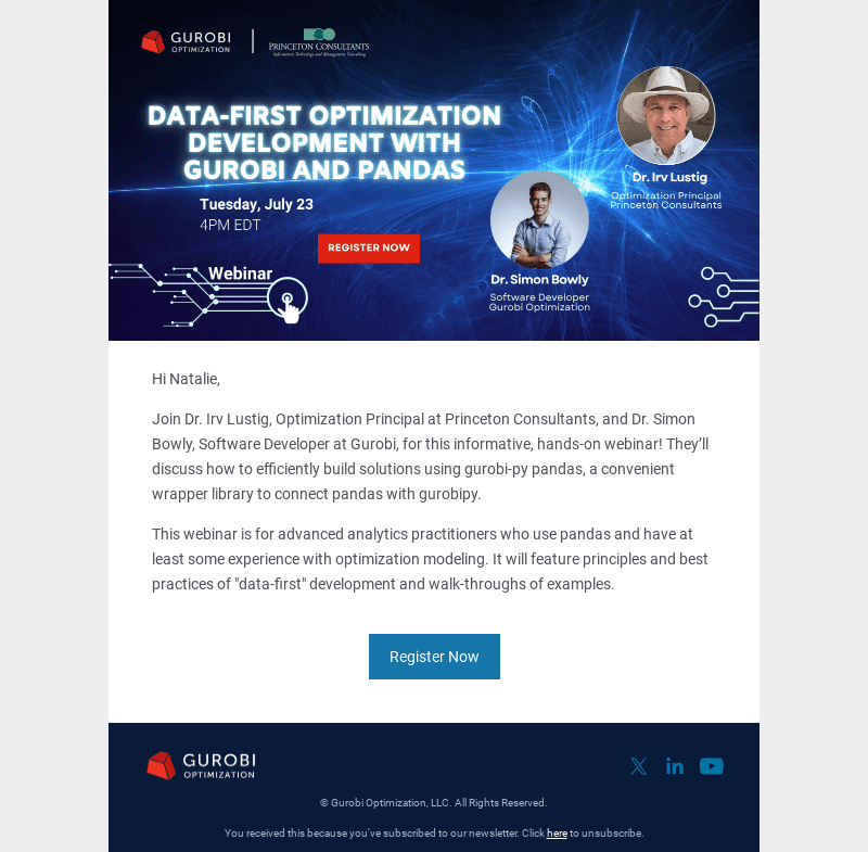 Register Now: Data-First Optimization Development with Gurobi and Pandas Webinar