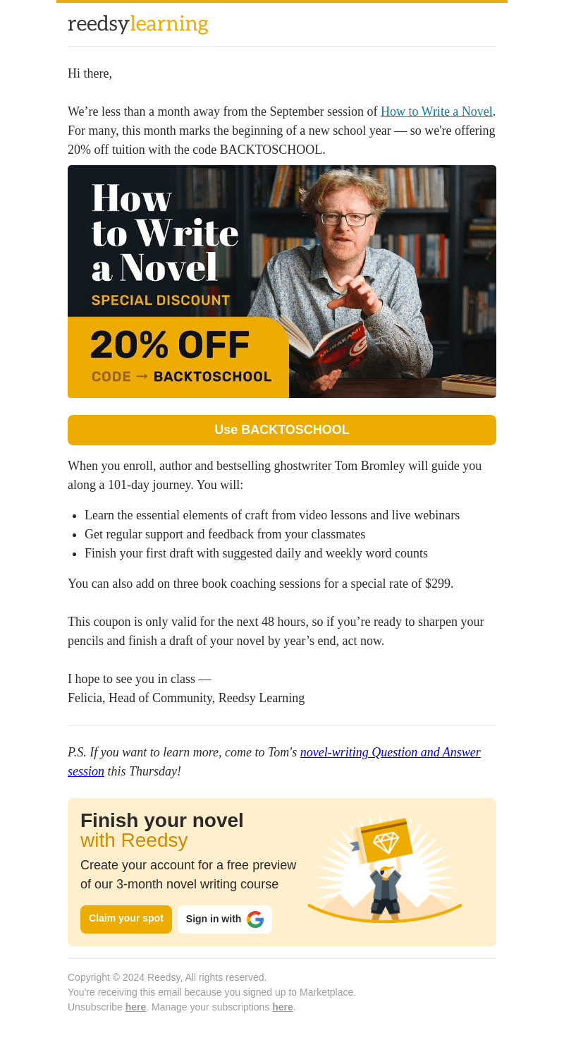 Save on our novel-writing class