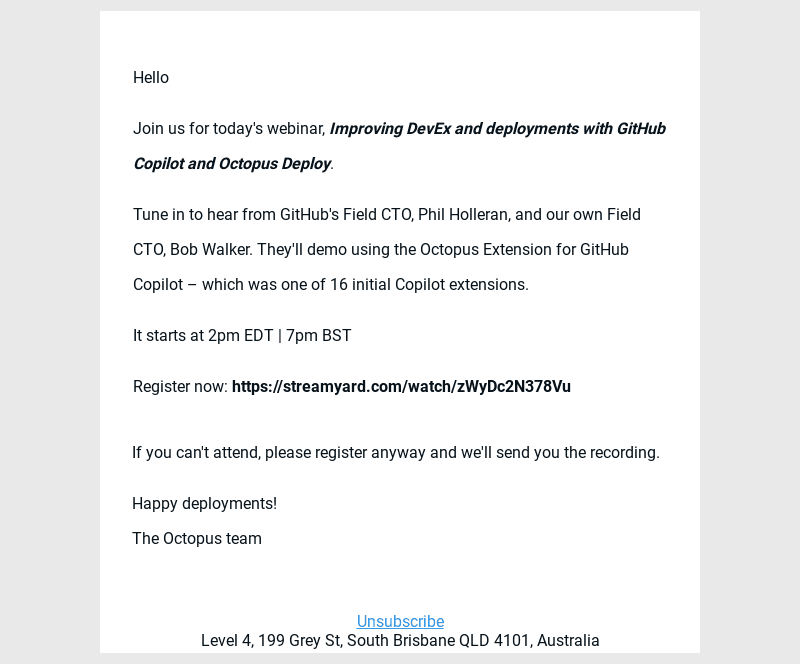 Last call to register – Improving DevEx and deployments with GitHub Copilot and Octopus Deploy