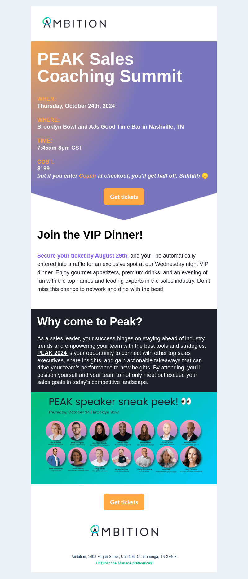 Let us upgrade your PEAK ticket to include the VIP dinner 🍽️ 🍾