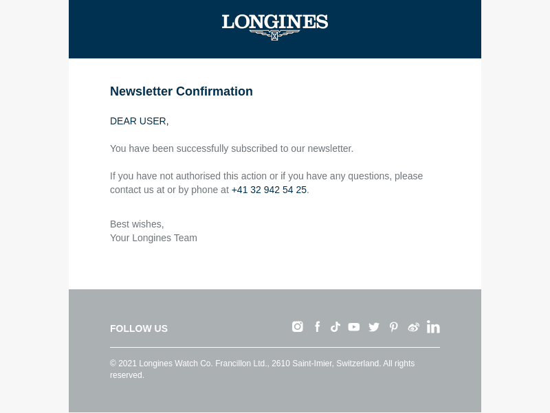 Longines Watch Co. email from Wed, Aug 21, 2024