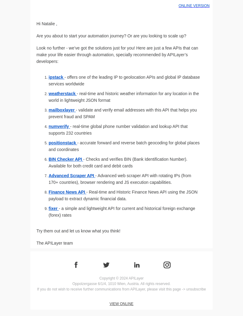 APILayer email from Fri, Aug 23, 2024