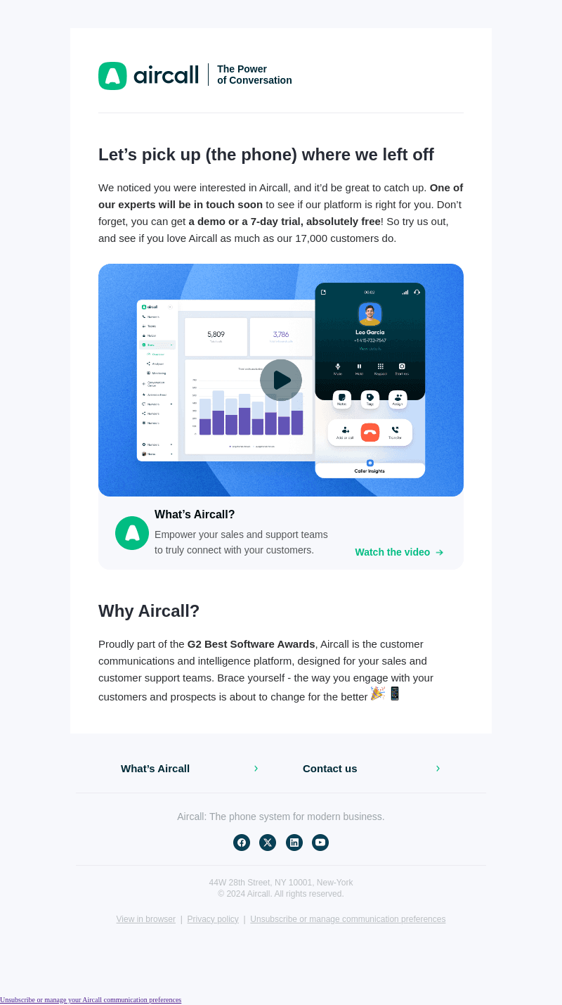 Aircall communications platform: your enquiry