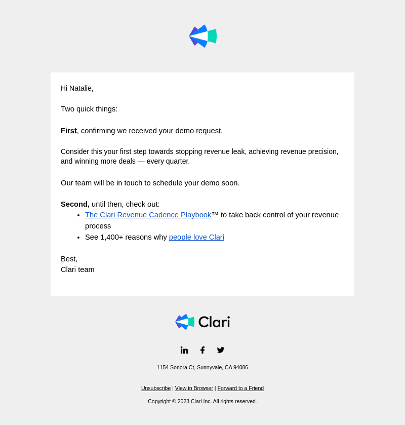 Your Clari demo is on the way