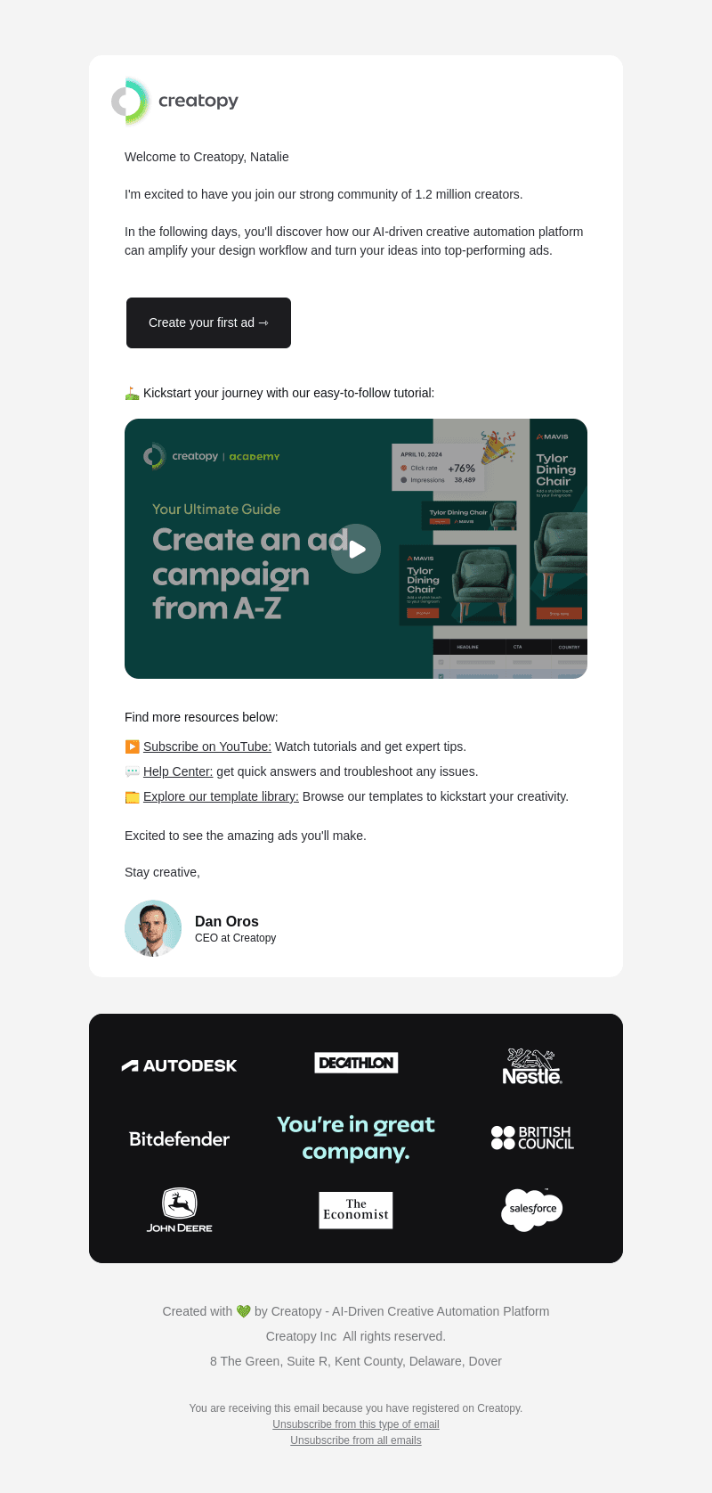Welcome to Creatopy, Natalie. 👋 Say hello to creative automation!