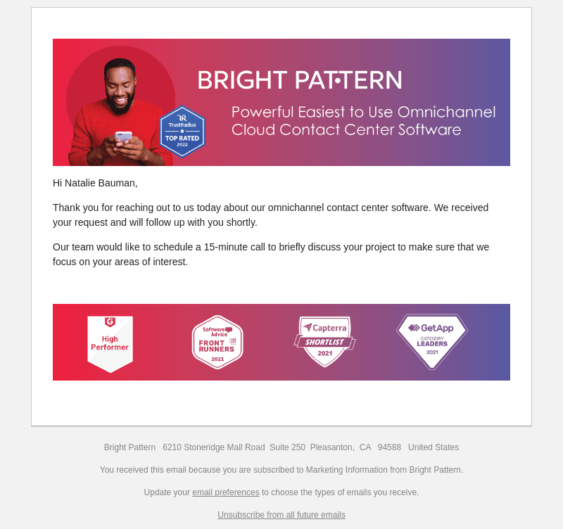 Bright Pattern email from Thu, Aug 29, 2024