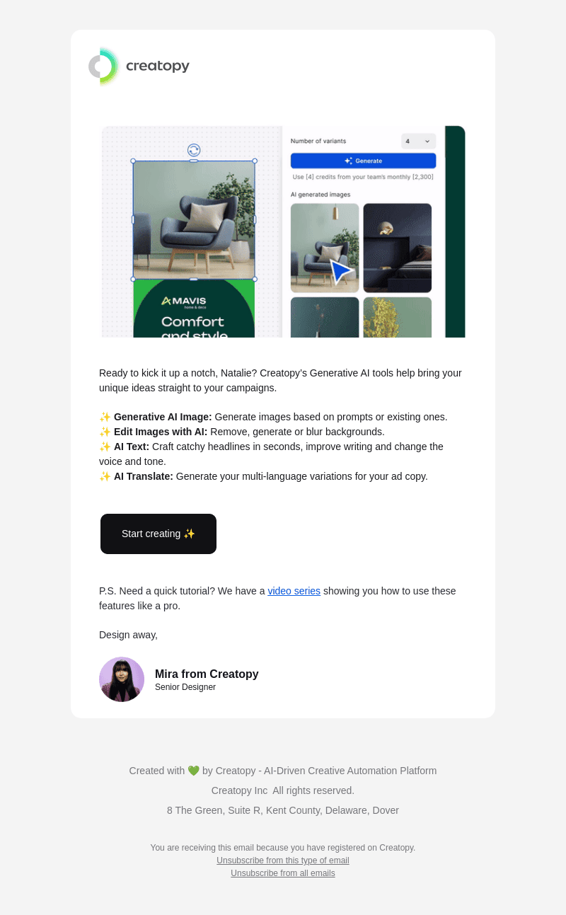 Creative automation made easy with AI ✨ Natalie, your first ad awaits!