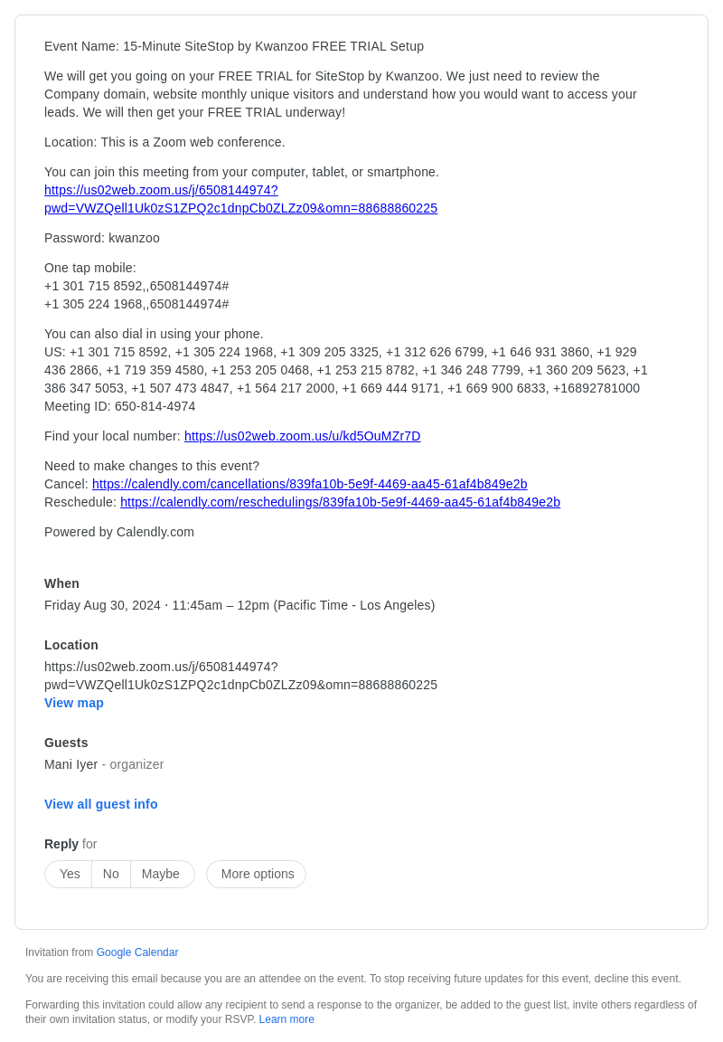 Kwanzoo Inc email from Fri, Aug 30, 2024