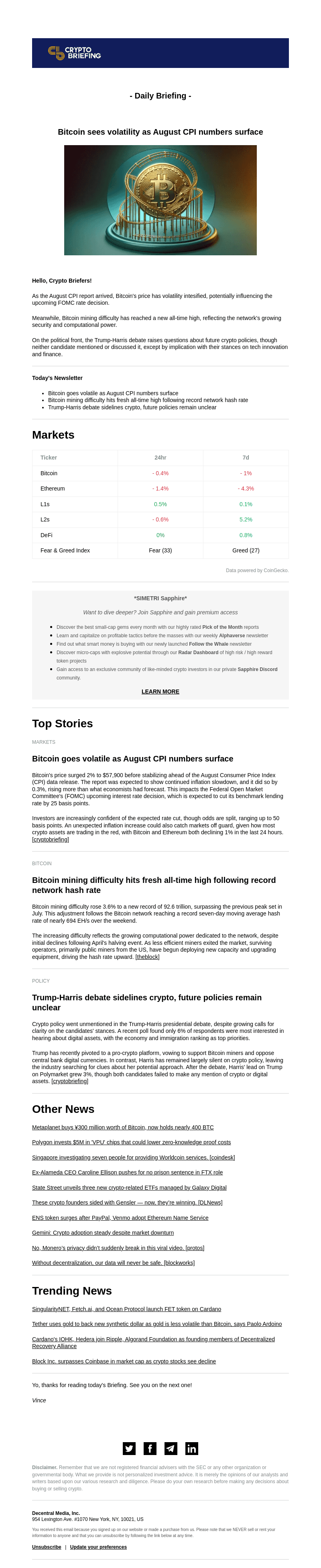 Bitcoin sees volatility as August CPI numbers surface