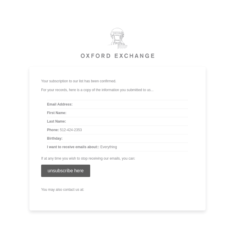 Oxford Exchange: Subscription Confirmed