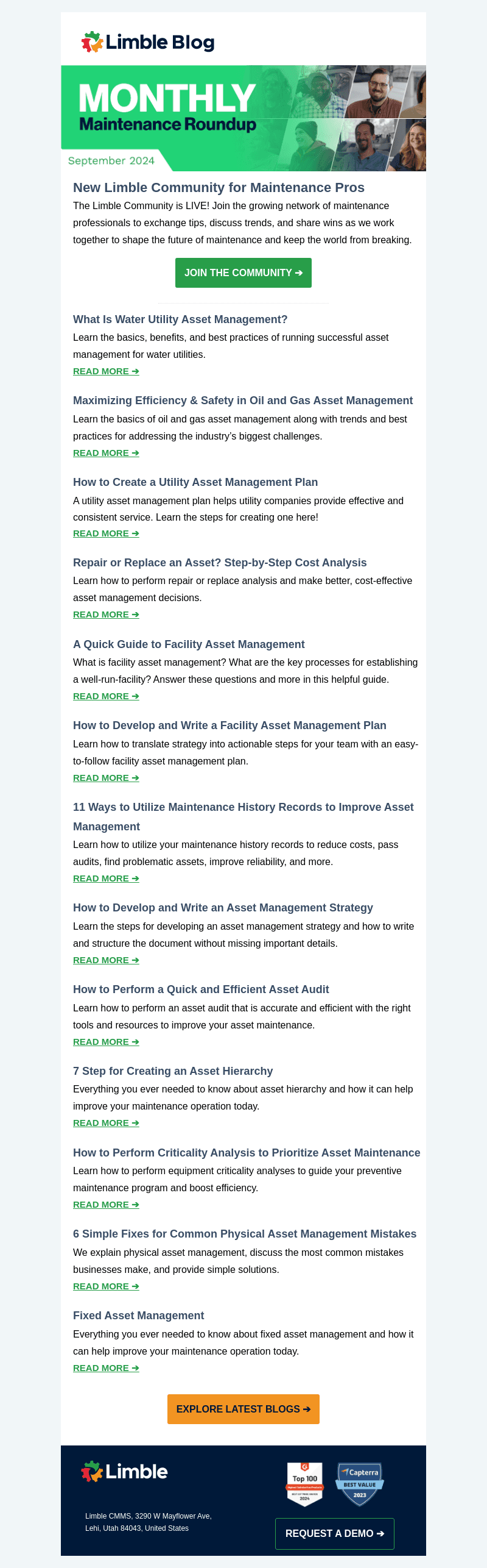 Limble CMMS email from Thu, Sep 12, 2024