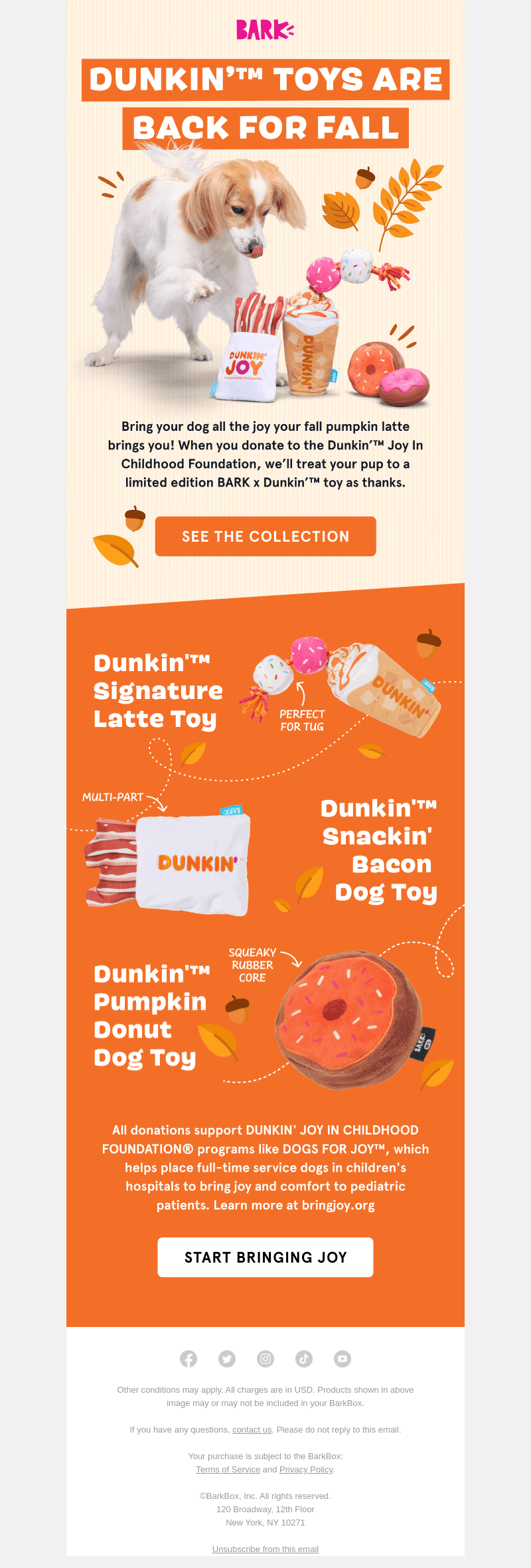 Make a donation, get a BARK x Dunkin’™ toy 🍩🥓