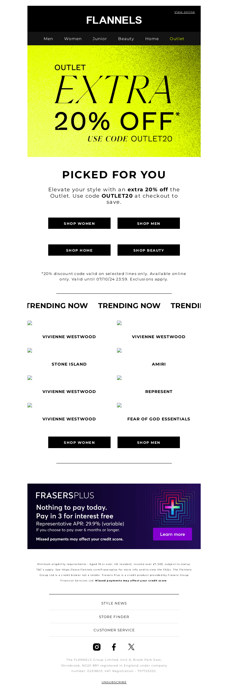 NOW ON: 20% off the Outlet