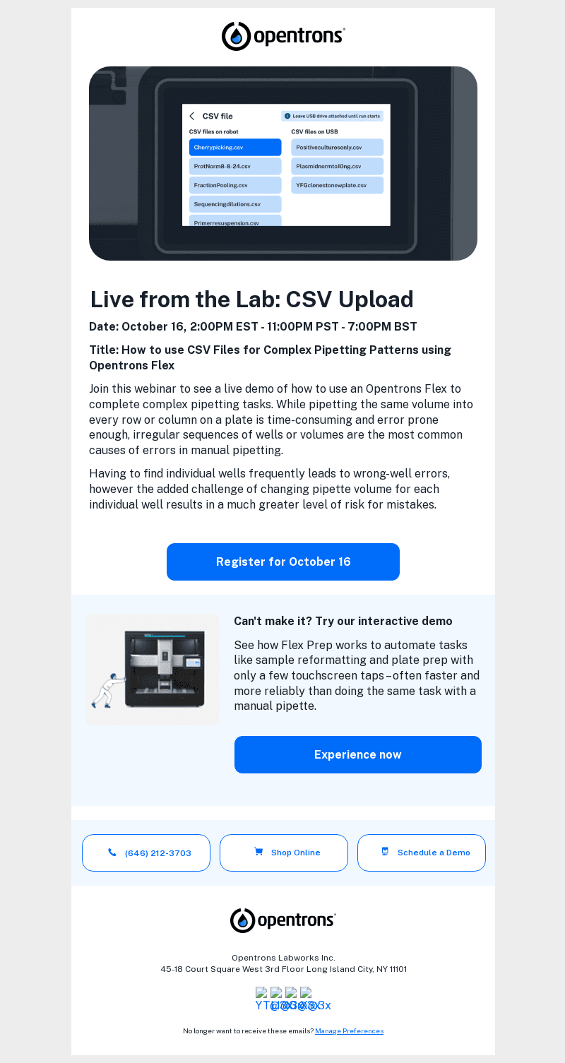October 16th Live Demo: Using CSV uploads for complex pipetting