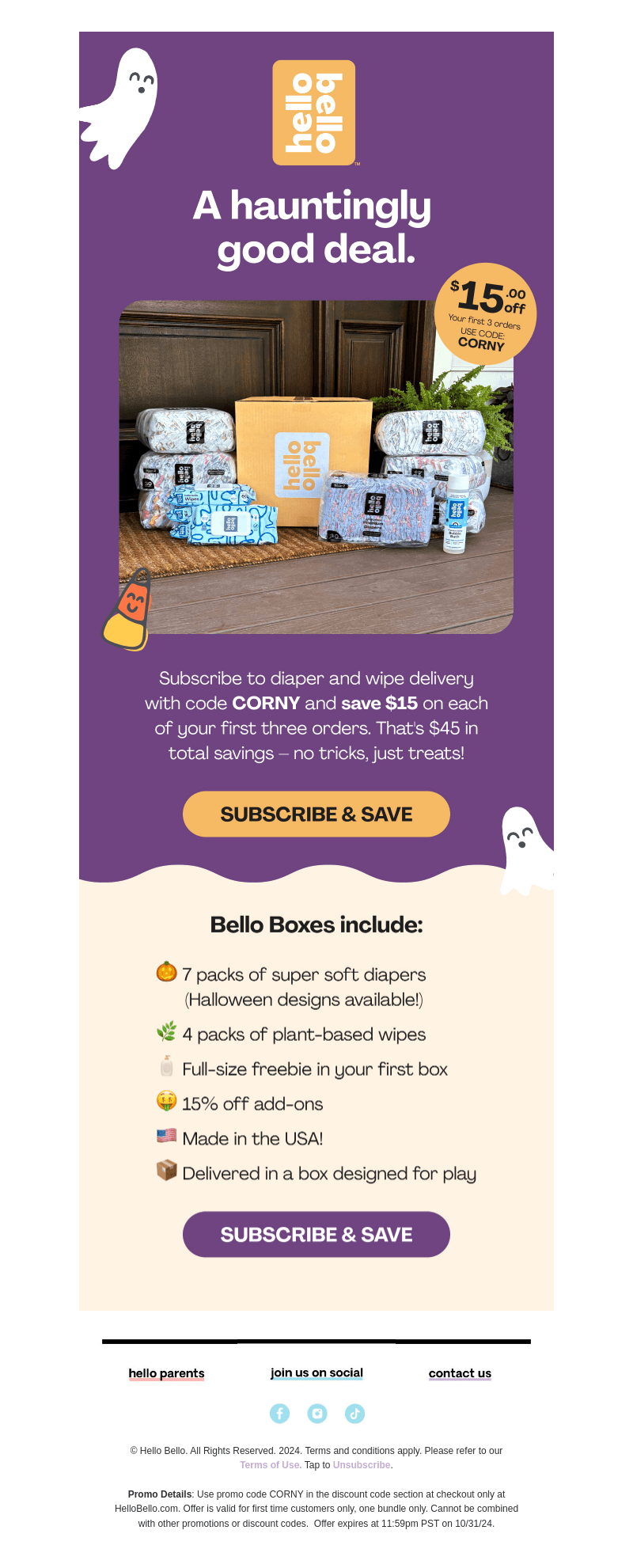 Trick or treat! $15 off your first 3 Bello Boxes 🎃