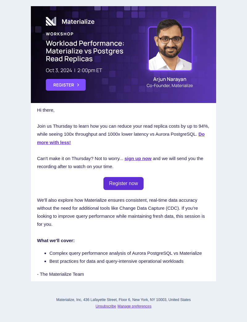 Reminder live workshop this Thursday! Don't miss Workload Performance: Materialize vs Postgres Read Replicas