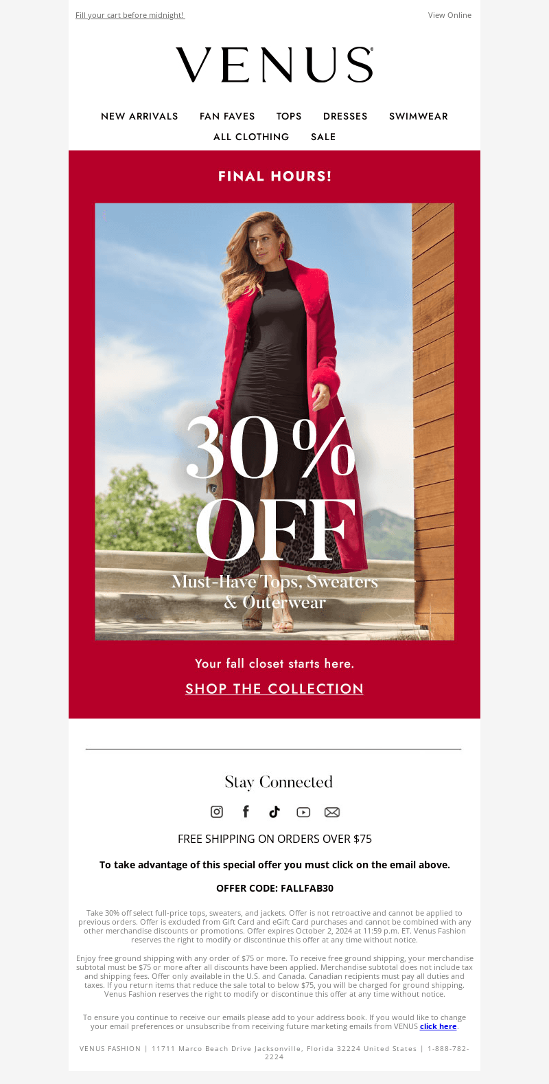 DON'T WAIT: 30% OFF tops, sweaters & outerwear ends TONIGHT