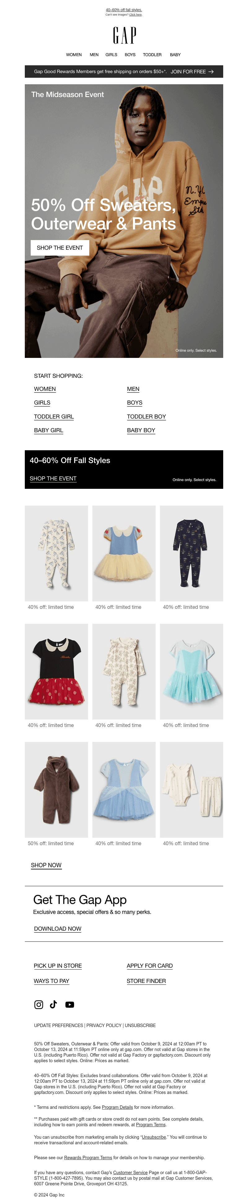 50% off for fall: sweaters, outerwear & pants