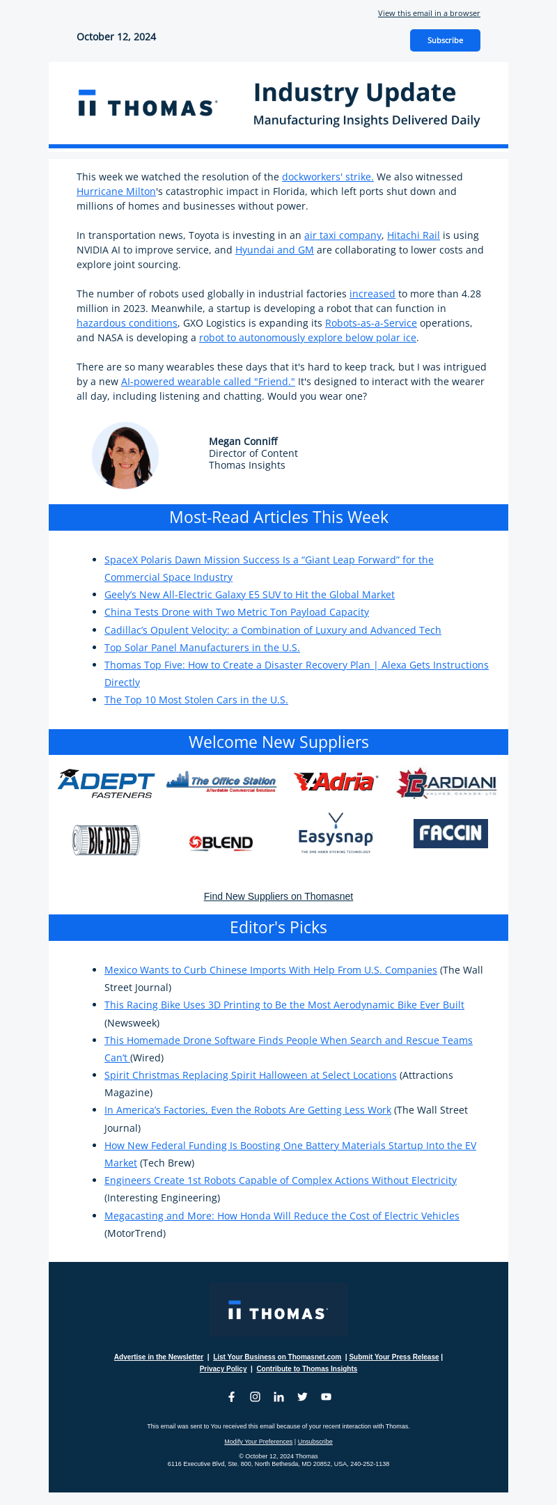 Weekend Edition: Hurricane Milton, Dockworkers' Strike, and Robotics