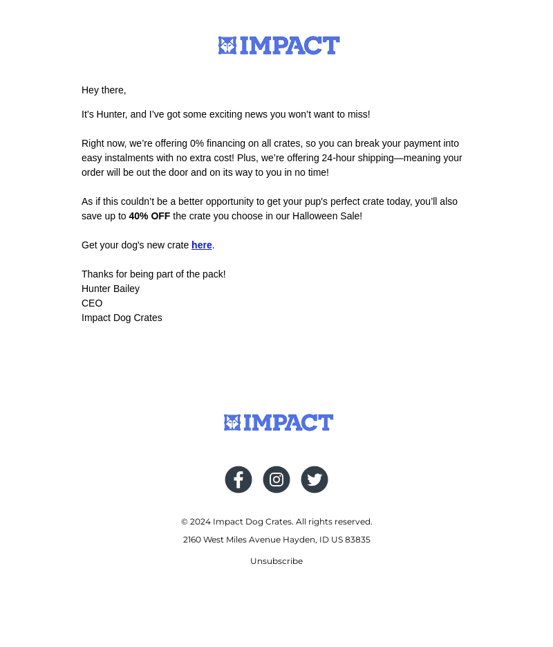 Impact Dog Crates email from Wed, Oct 16, 2024