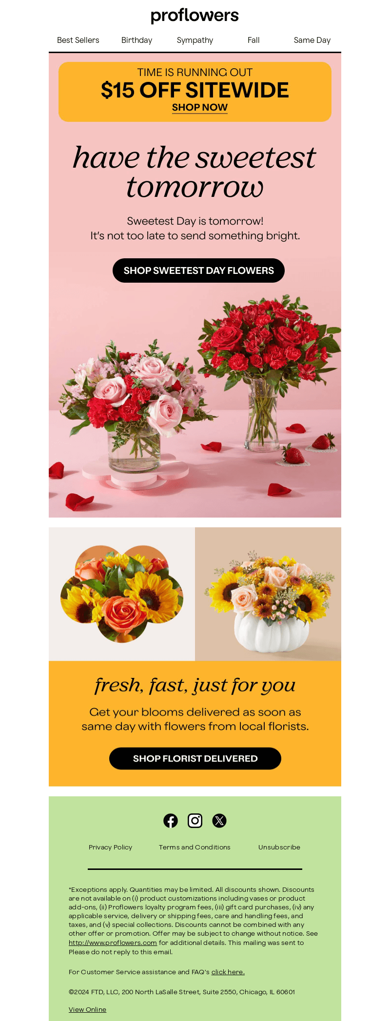 $15 Off Sitewide! Flowers, Baskets, & More!